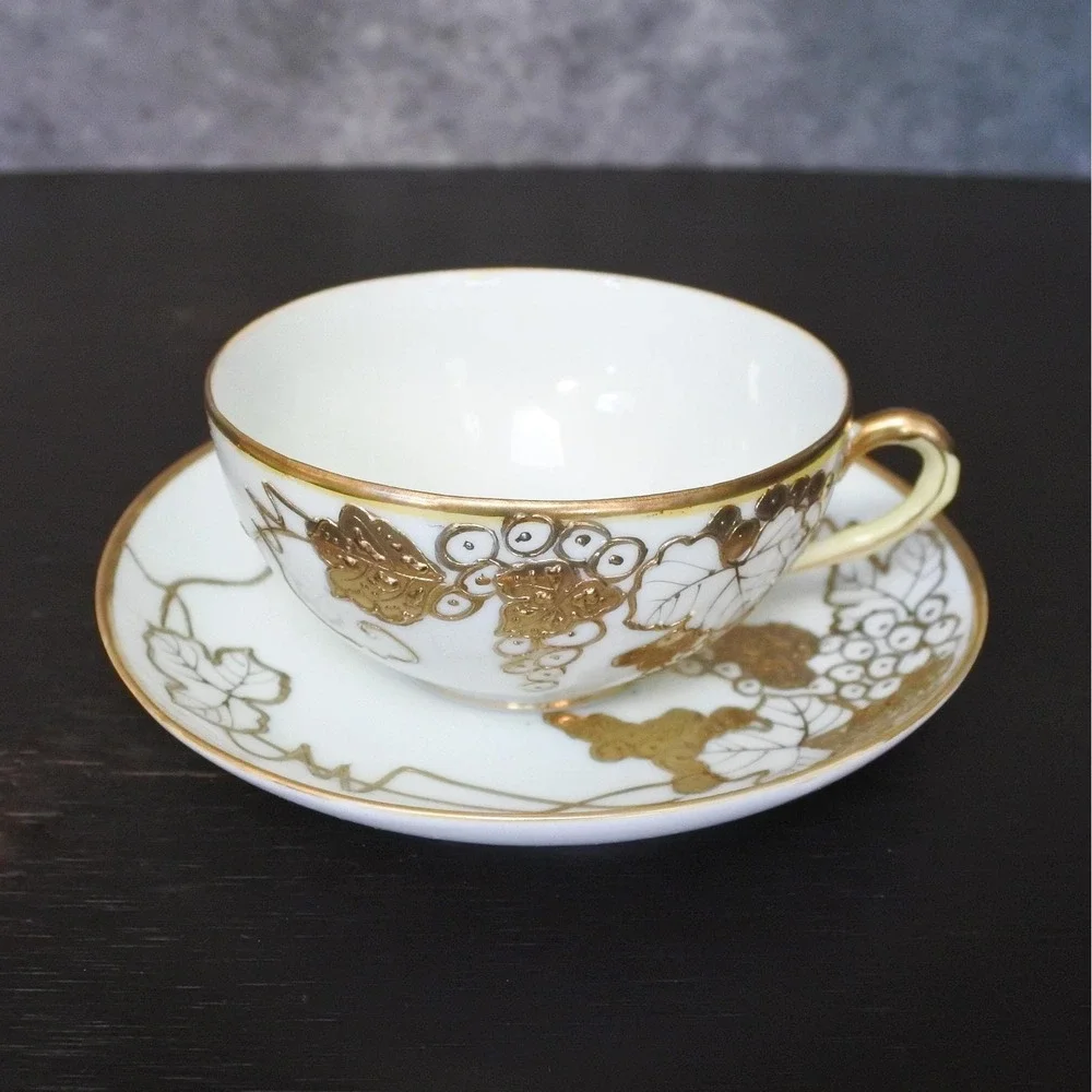 Antique Japanese T.S. Nippon Porcelain Gold Moriage Grape Leaf Tea Set